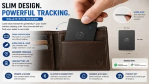 Compact card-style tracking device installed inside wallets with trackers without adding bulk.