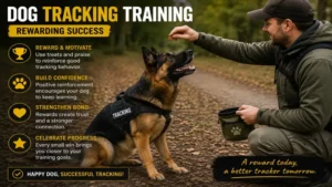 Rewarding a dog during dog tracking training to reinforce successful scent tracking behavior