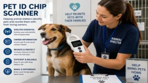 Animal shelter staff using a pet ID chip scanner to reunite a lost pet with its owner