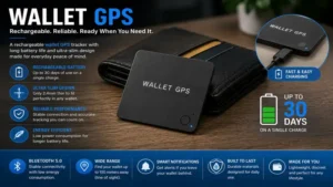 Rechargeable wallet gps tracker with a slim design and long-lasting battery life.