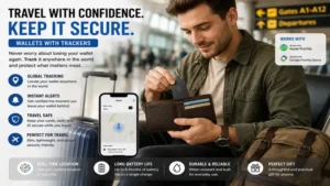 Traveler using wallets with trackers to keep valuables secure during business trips and vacations.