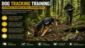 Advanced dog tracking training in a forest environment with challenging scent trails and real-world practice