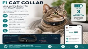 Fi cat collar featuring a long-lasting battery for continuous cat tracking and monitoring