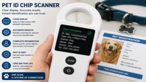 Close-up of a pet ID chip scanner displaying a detected microchip identification number