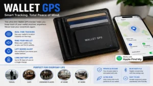 Modern wallet gps highlighting Bluetooth connectivity, location history, and smart alerts.
