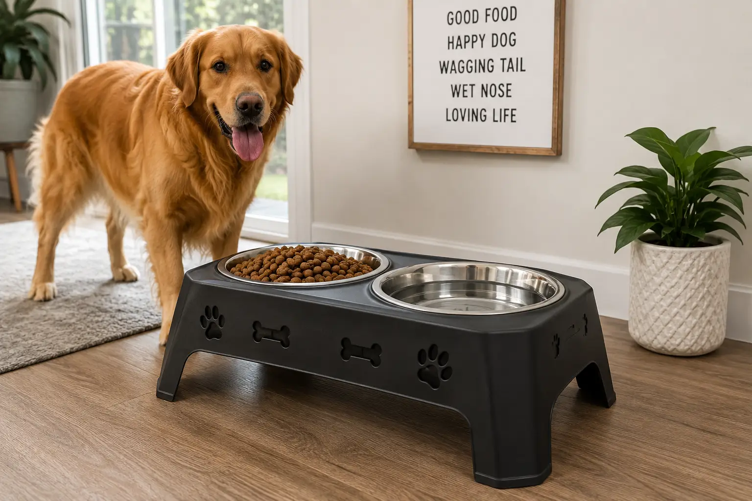 Large golden retriever eating from an elevated dog bowl feeder designed for large dogs.