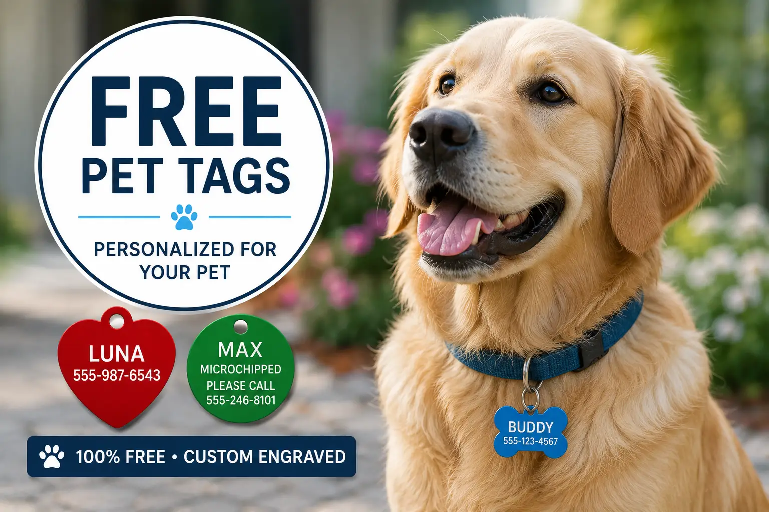 Golden retriever wearing a personalized pet tag with free custom pet tags displayed nearby.