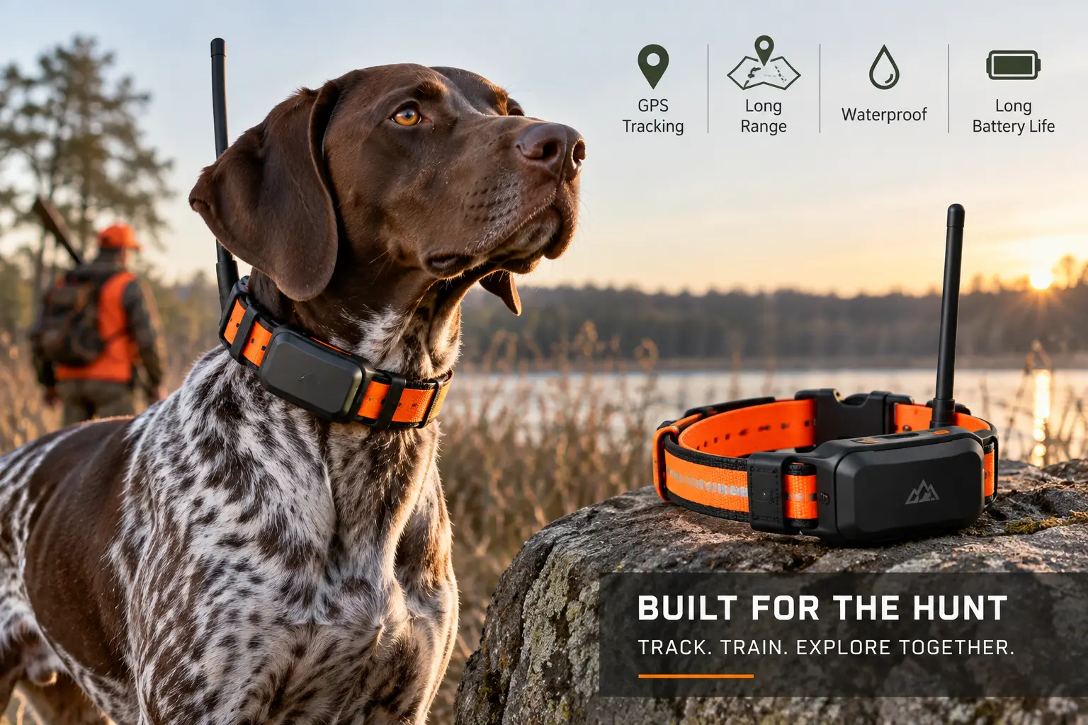 Dog hunting collar with GPS tracking features worn by a hunting dog outdoors