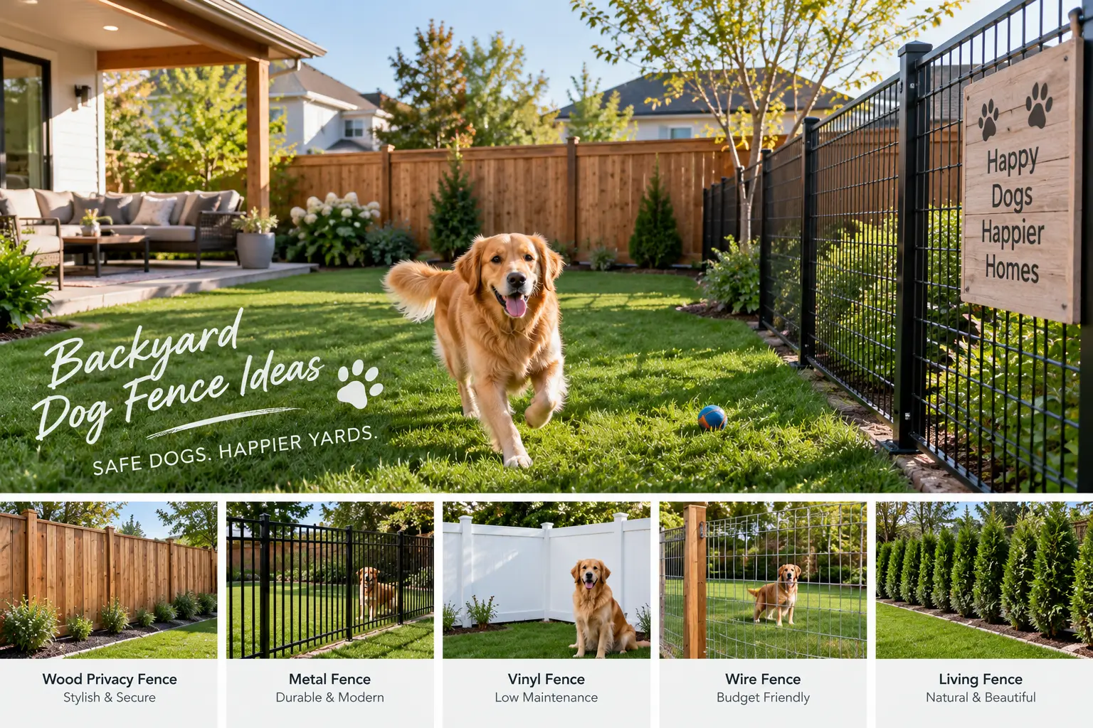 Backyard dog fence ideas featuring wood, metal, vinyl, wire, and living fences for a safe yard