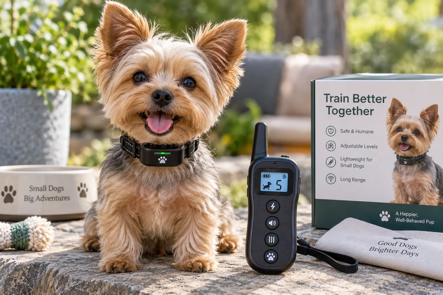 Small dog wearing a lightweight e-collar with adjustable training remote in a sunny garden