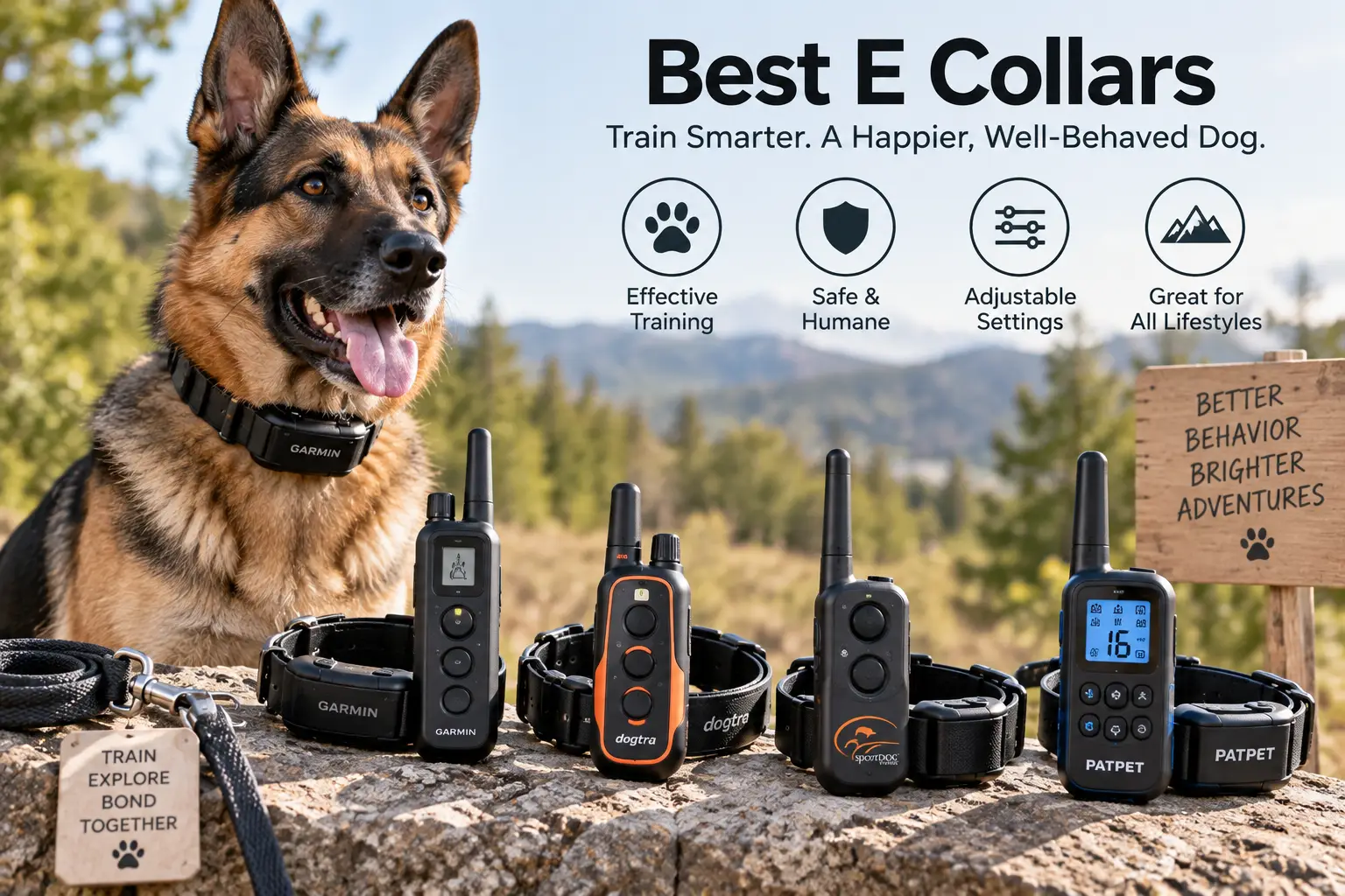 Best e collars for dog training displayed with a German Shepherd and handheld training remotes outdoors