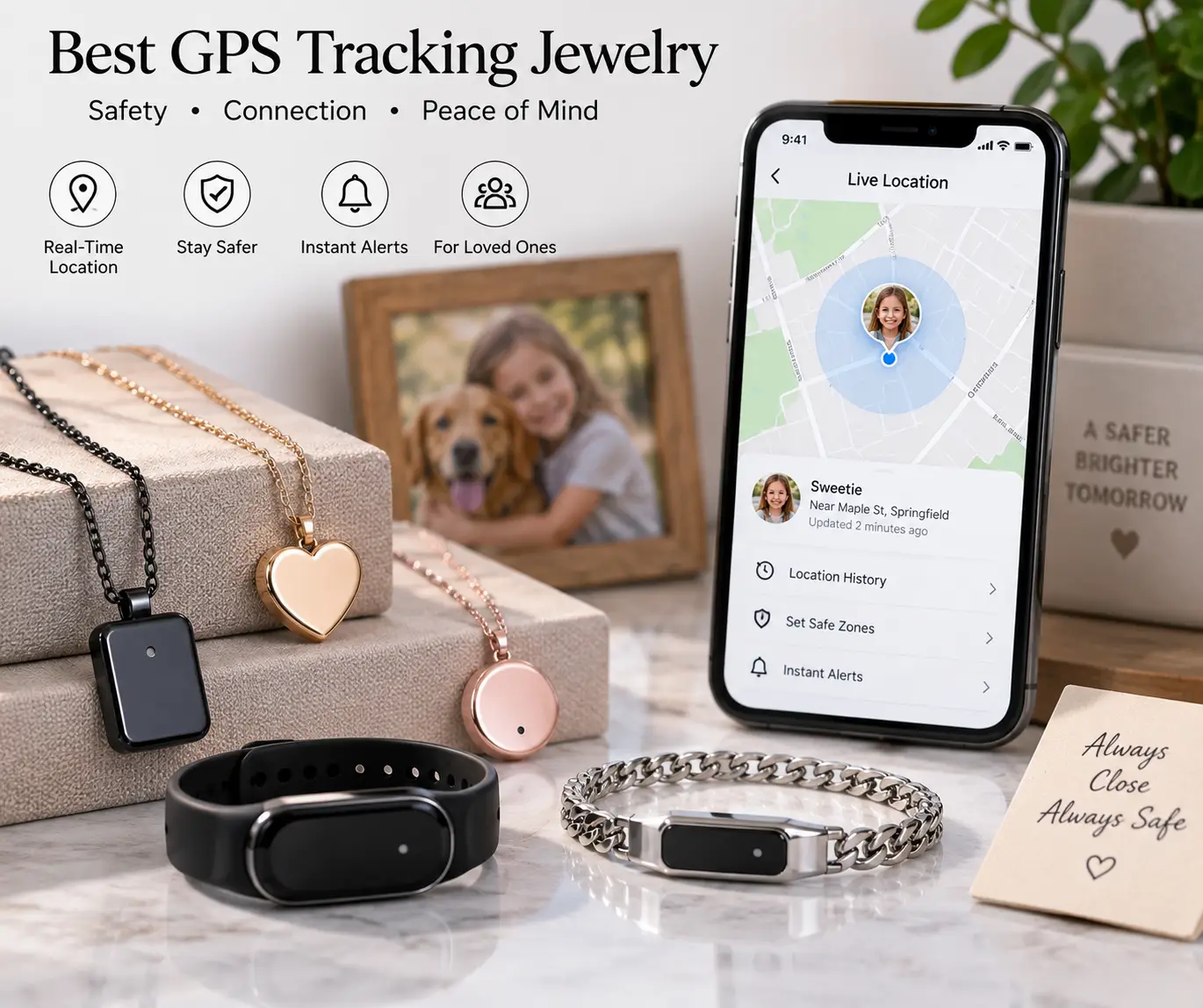 Best GPS tracking jewelry including smart pendants and bracelets with a smartphone showing real-time location tracking