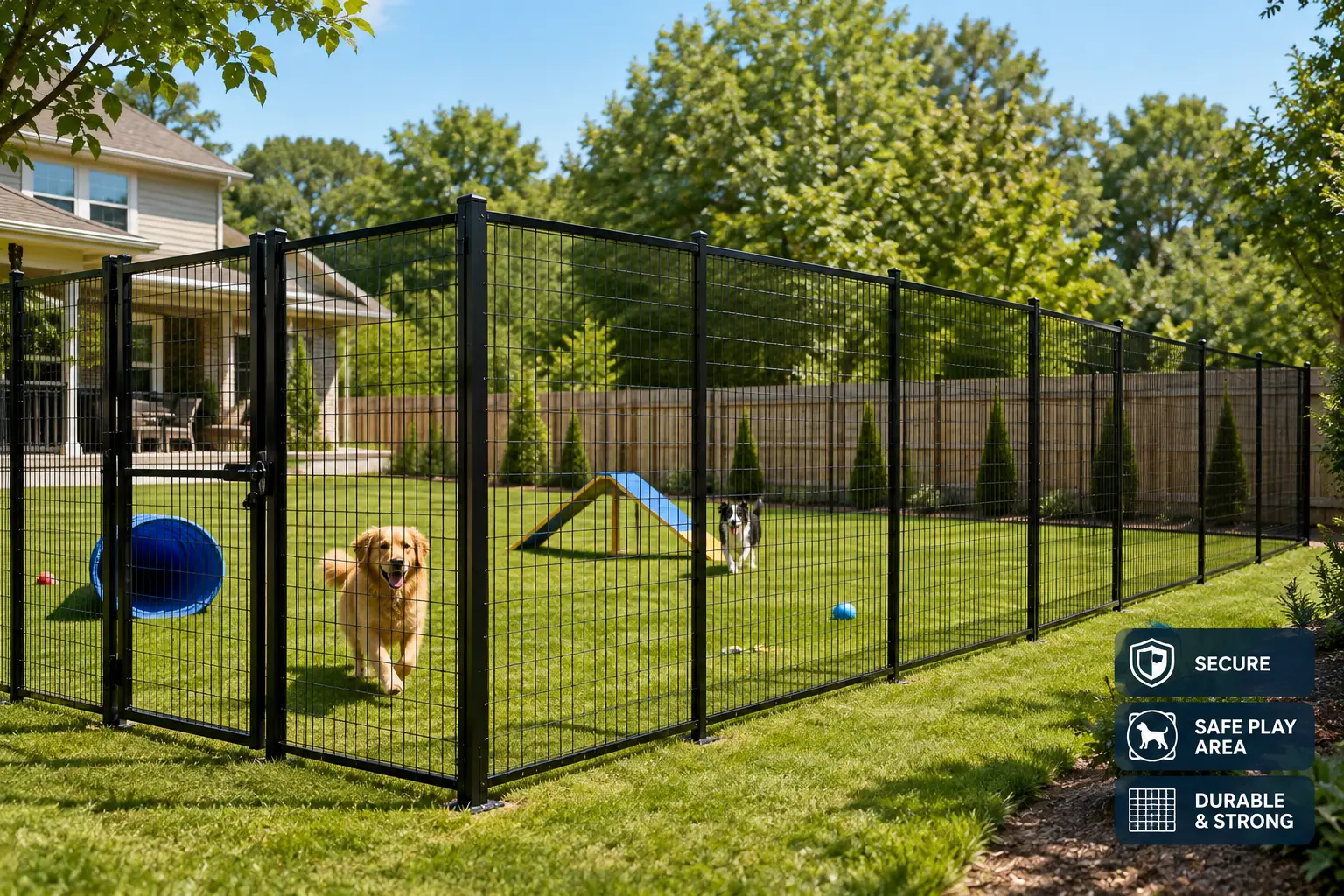 Big fence for dogs enclosing a spacious backyard play area with two dogs, a secure gate, and durable metal panels.