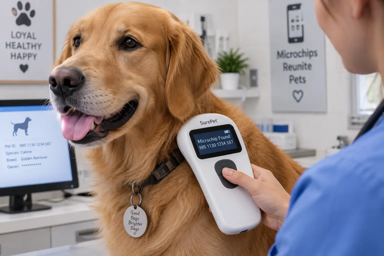Chip reader for dogs scanning a golden retriever microchip at a veterinary clinic