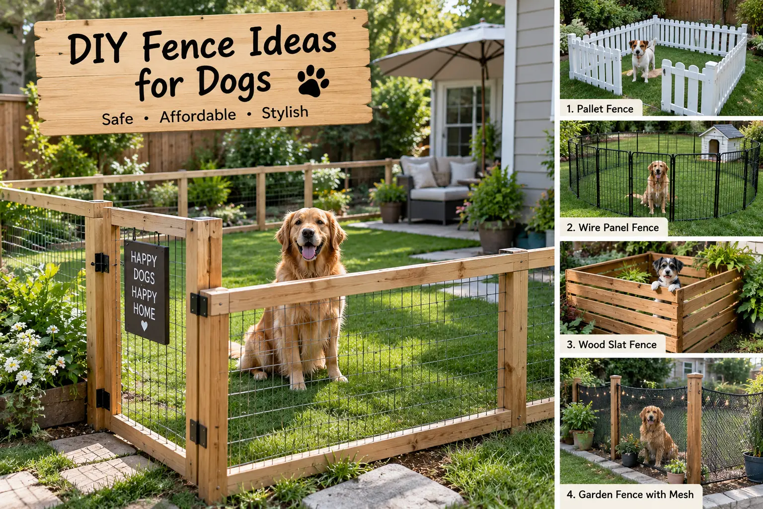 DIY fence ideas for dogs featuring wood, wire panel, pallet, and mesh fence designs in a backyard