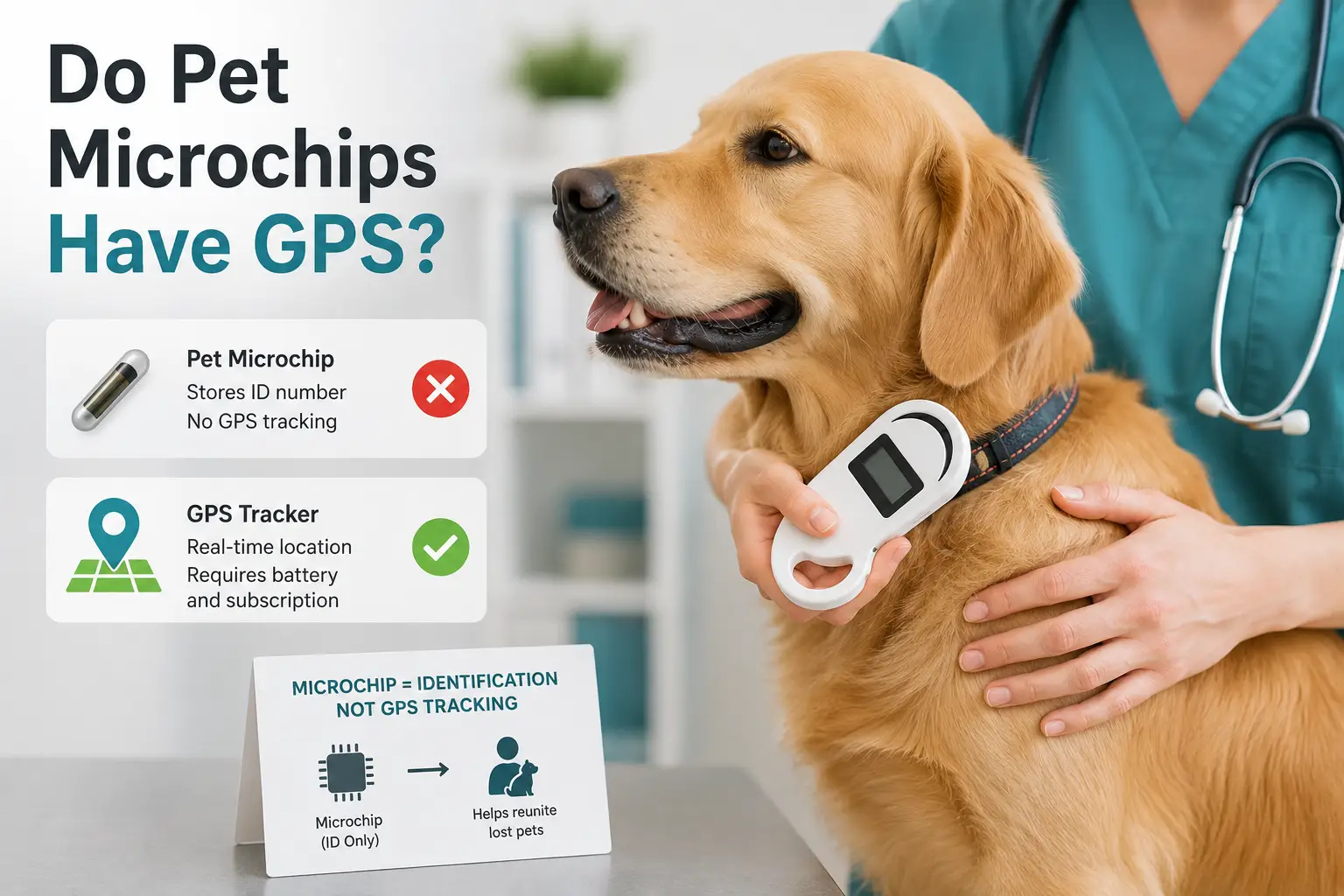 Pet microchip with no GPS tracking capability for identifying lost pets