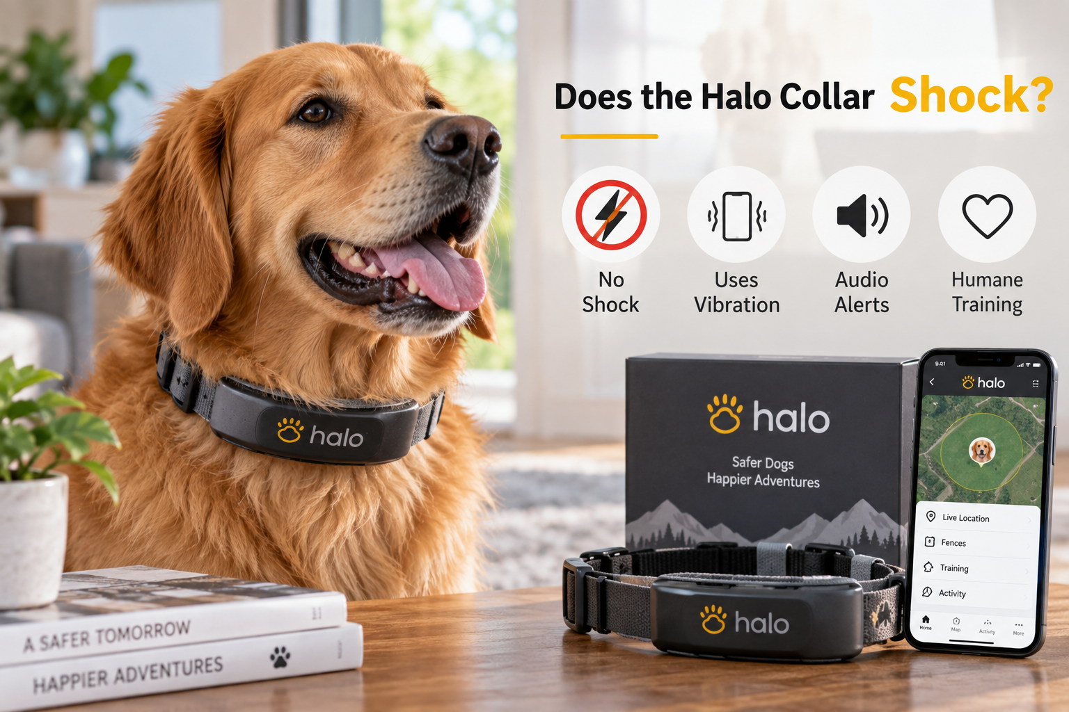 Does the Halo Collar shock? A dog wearing a Halo collar beside a smartphone training app and product features