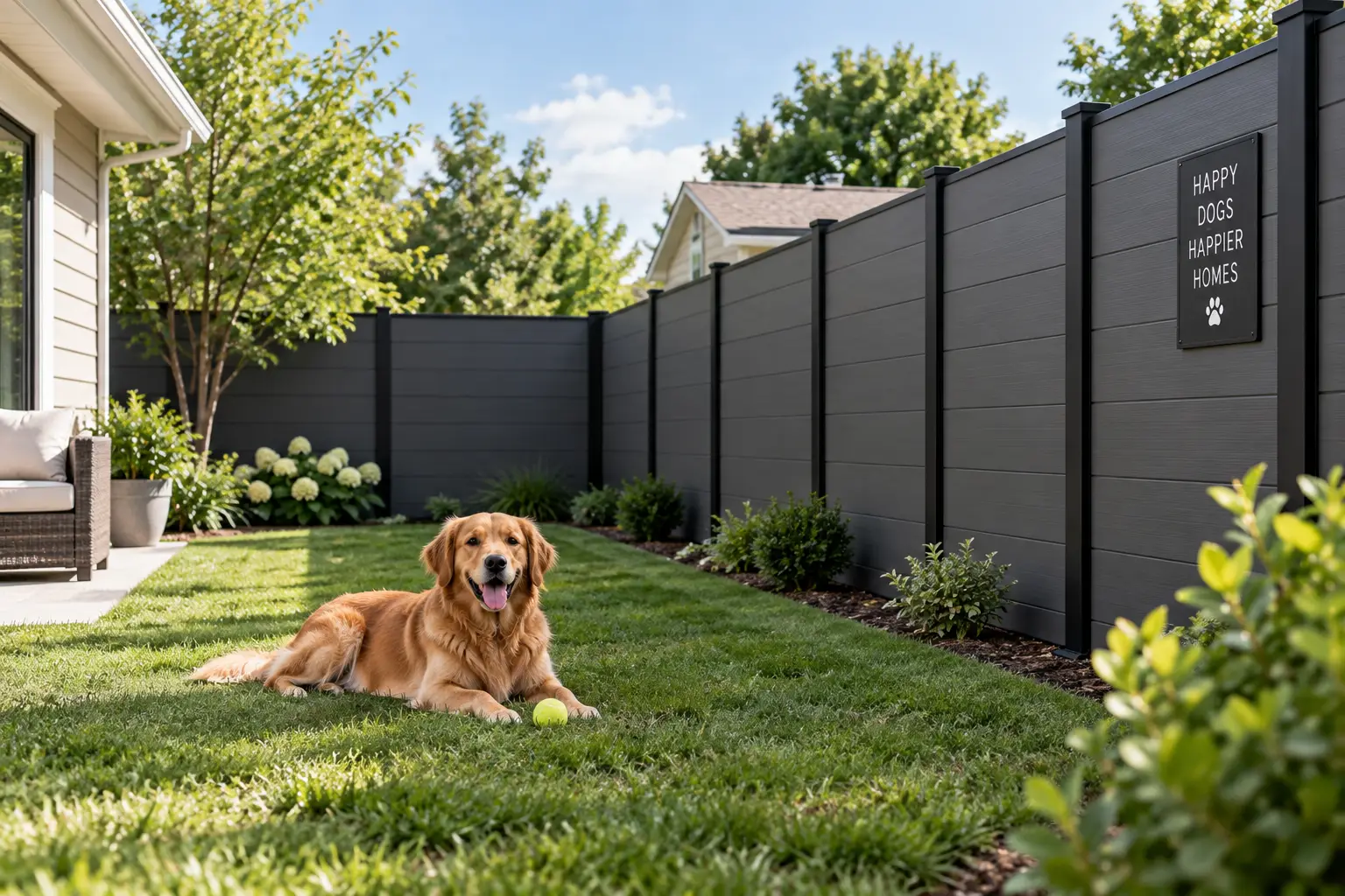 Golden retriever relaxing in a backyard enclosed by a tall modern dog privacy fence