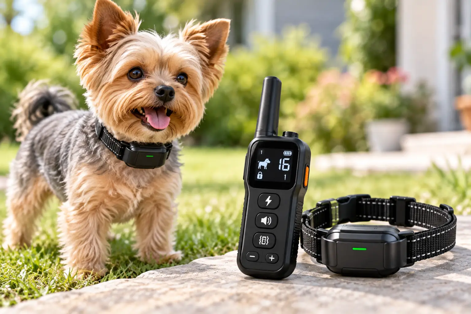 Dog training collar for small dogs with adjustable strap and remote control shown beside a small dog