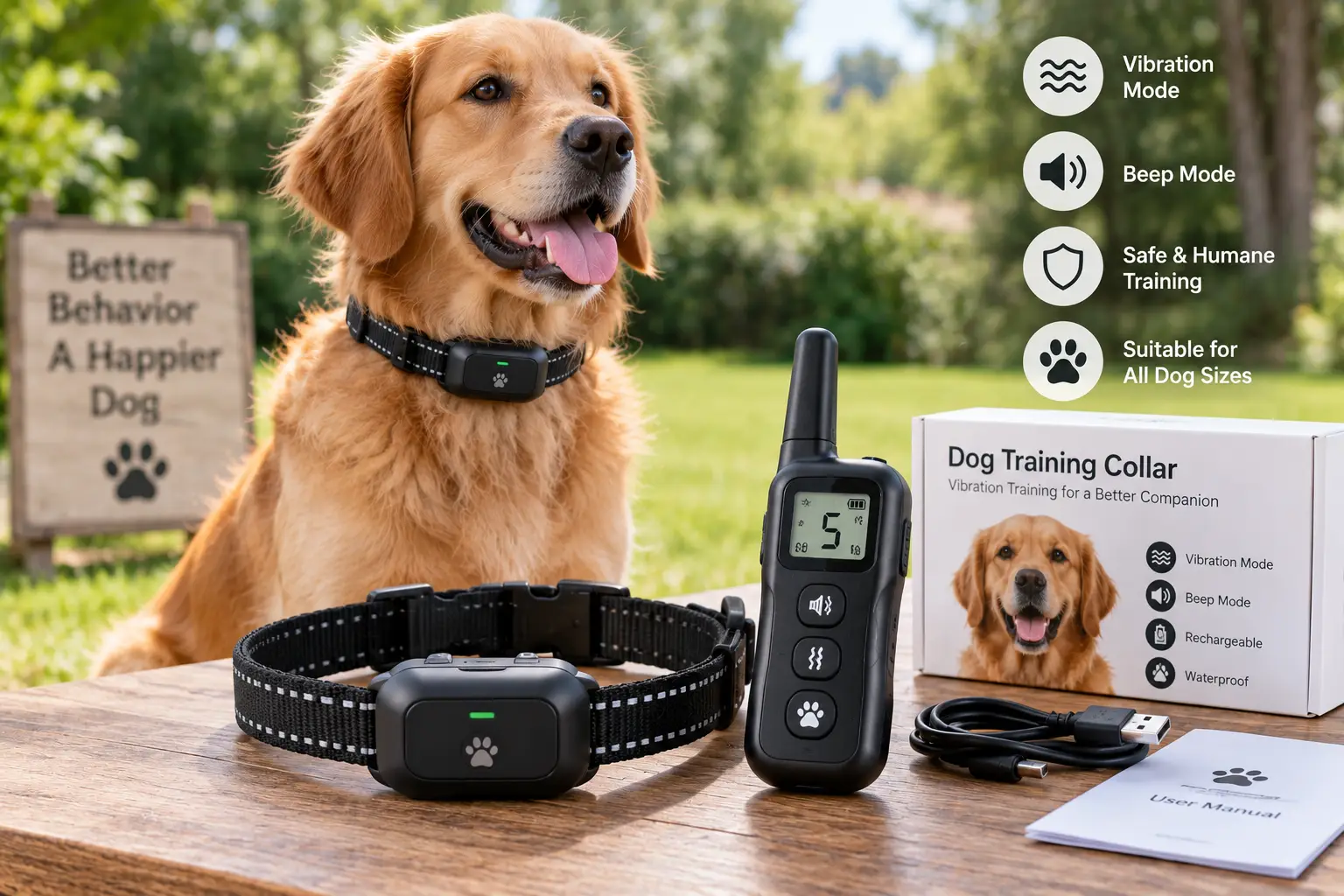 Golden retriever wearing a dog training collar that vibrates with a handheld remote for training