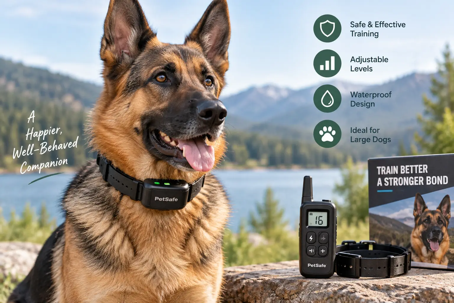 Electric collar for large dogs shown on a German Shepherd with a remote training controller outdoors