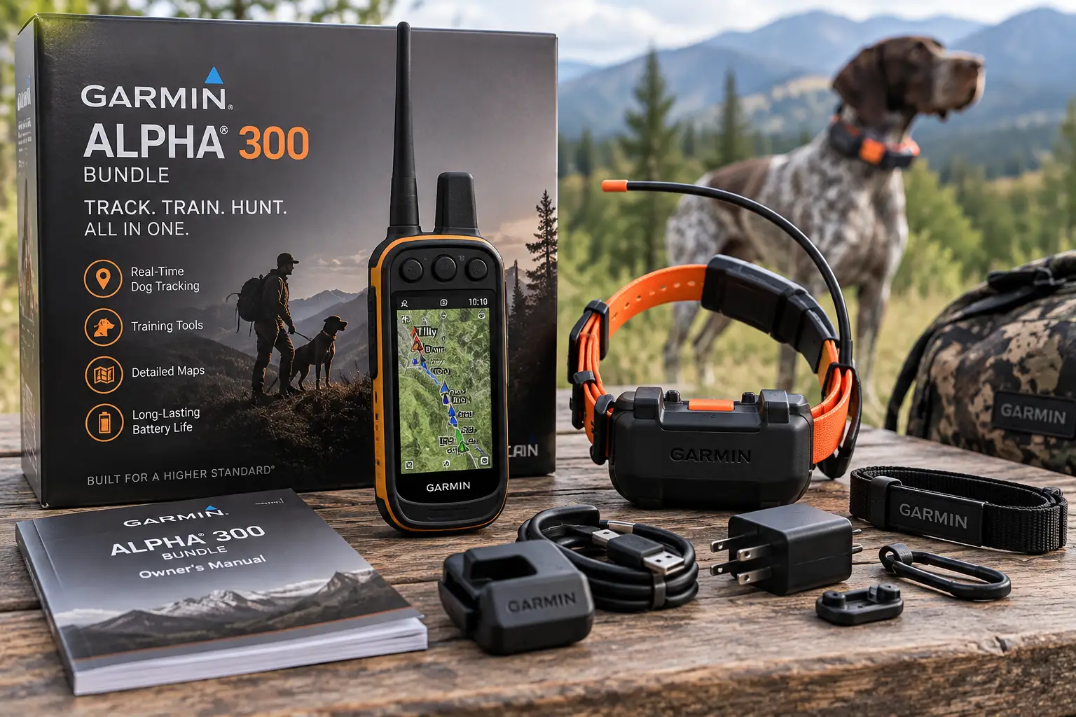 Garmin Alpha 300 bundle with GPS handheld, dog tracking collar, charger, and accessories
