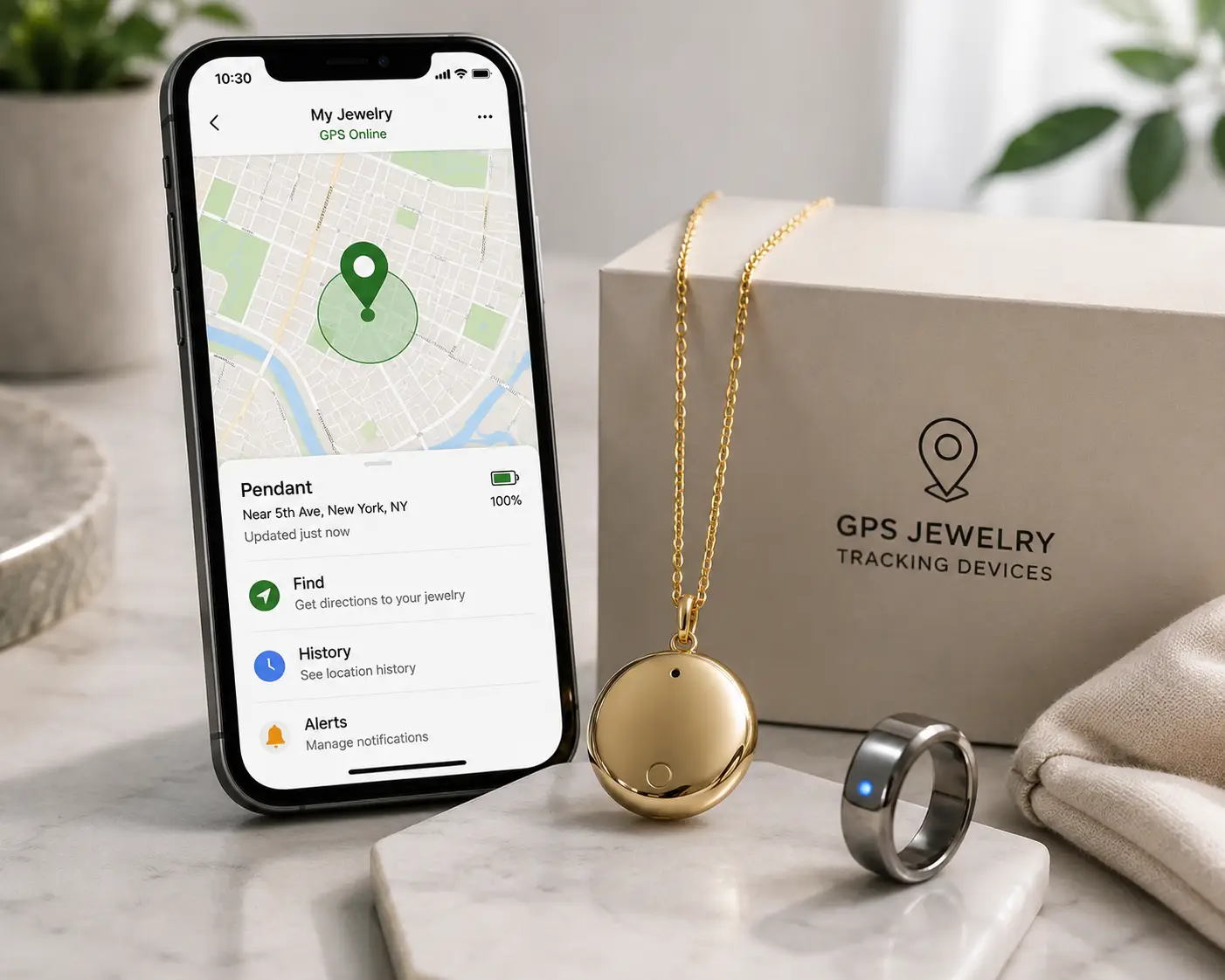 GPS jewelry tracking devices with a location-tracking pendant and smartphone map