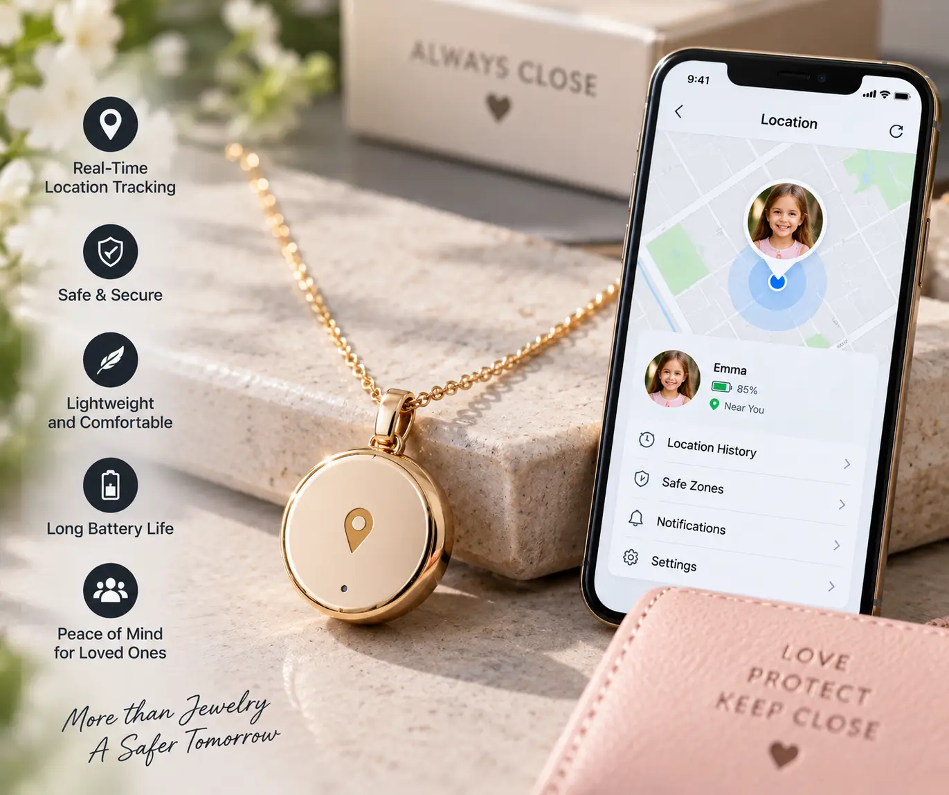 GPS locator jewelry pendant paired with a smartphone tracking app for location monitoring