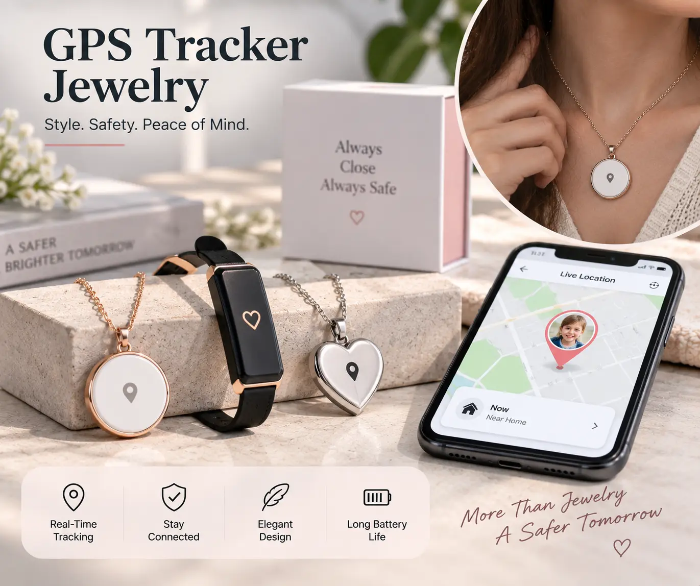 GPS tracker jewelry including smart pendants and a tracking bracelet with a smartphone showing live location