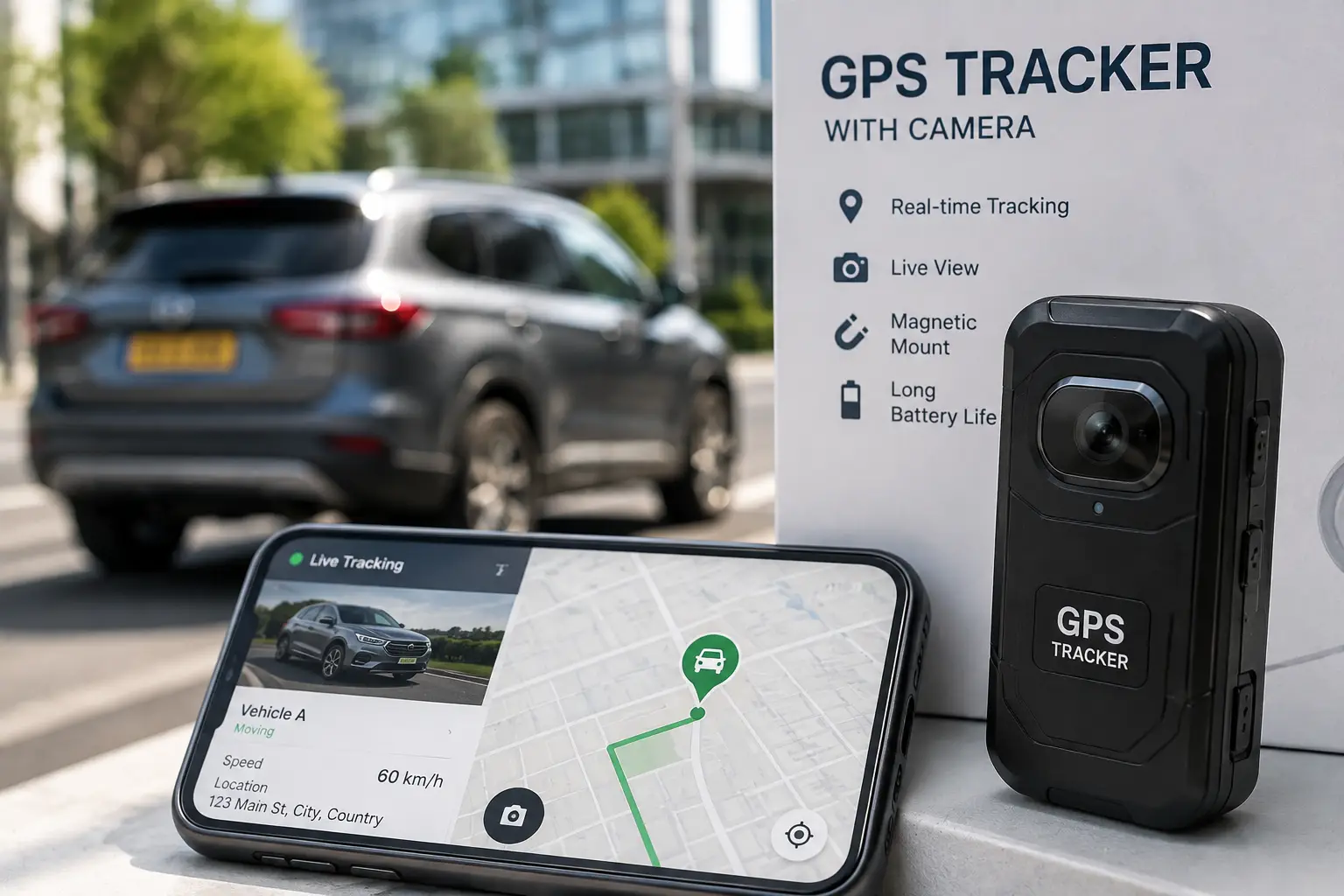 GPS tracker with camera featuring real-time location tracking and a smartphone map interface for monitoring a vehicle.