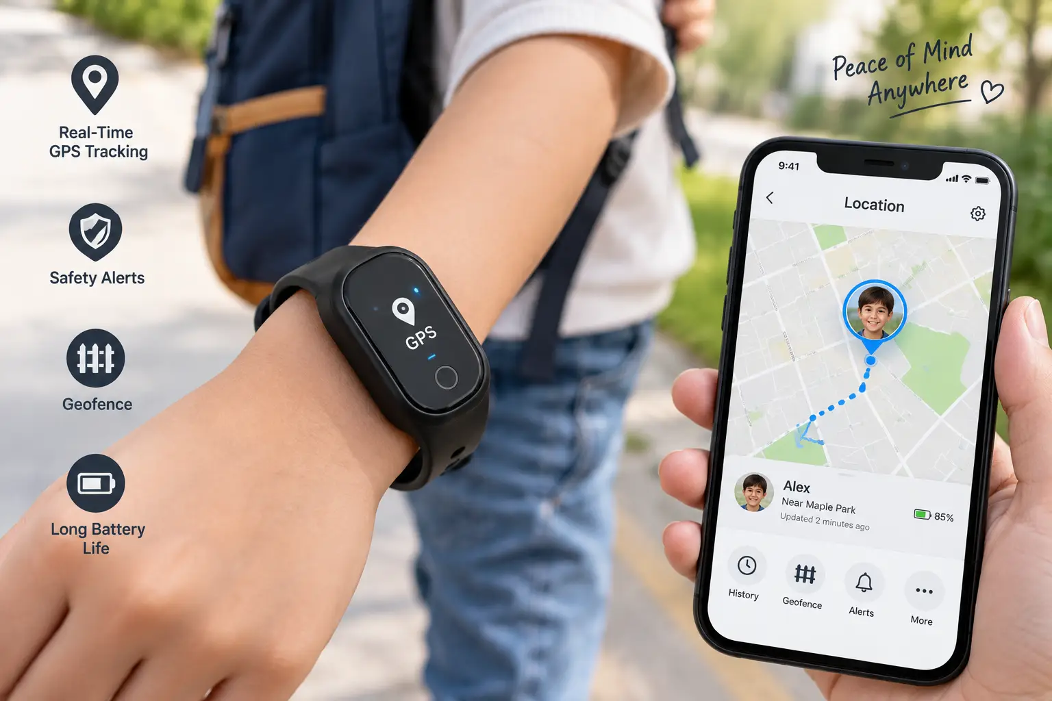 GPS tracker wristband worn by a child with location tracking shown on a smartphone