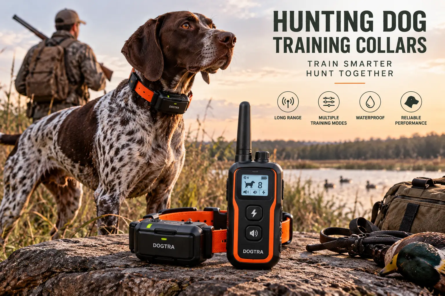Hunting dog training collars with a remote trainer and hunting dog in a natural outdoor setting