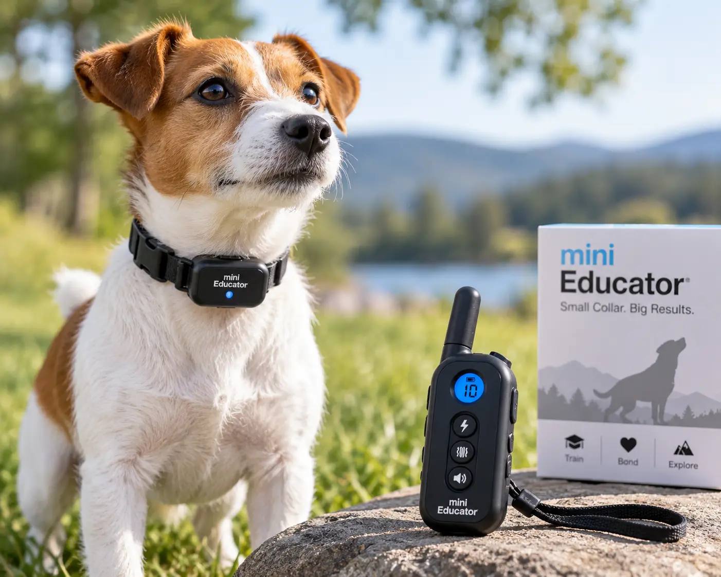 Mini e collar worn by a small dog with a handheld training remote in an outdoor setting