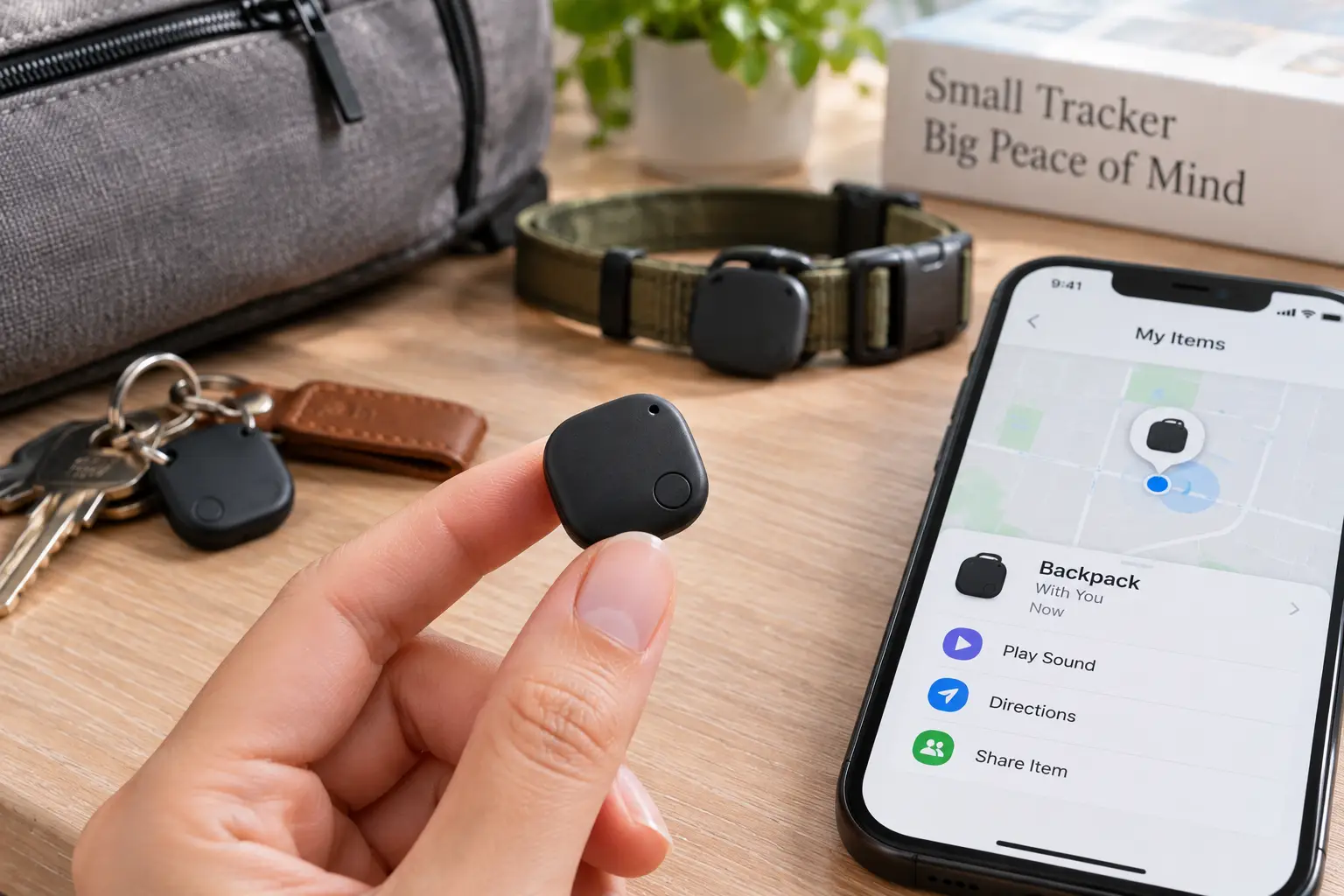 Miniature tracker attached to a pet collar with a smartphone showing its location