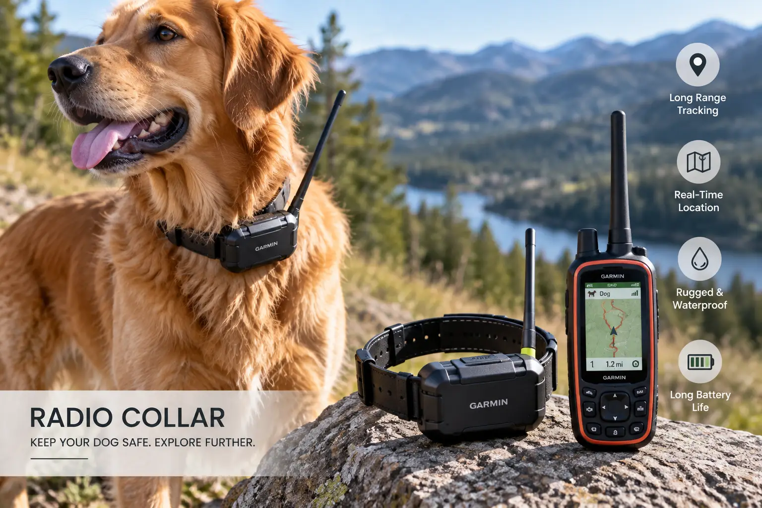 Radio collar for dogs with a handheld tracker shown on a golden retriever in the outdoors