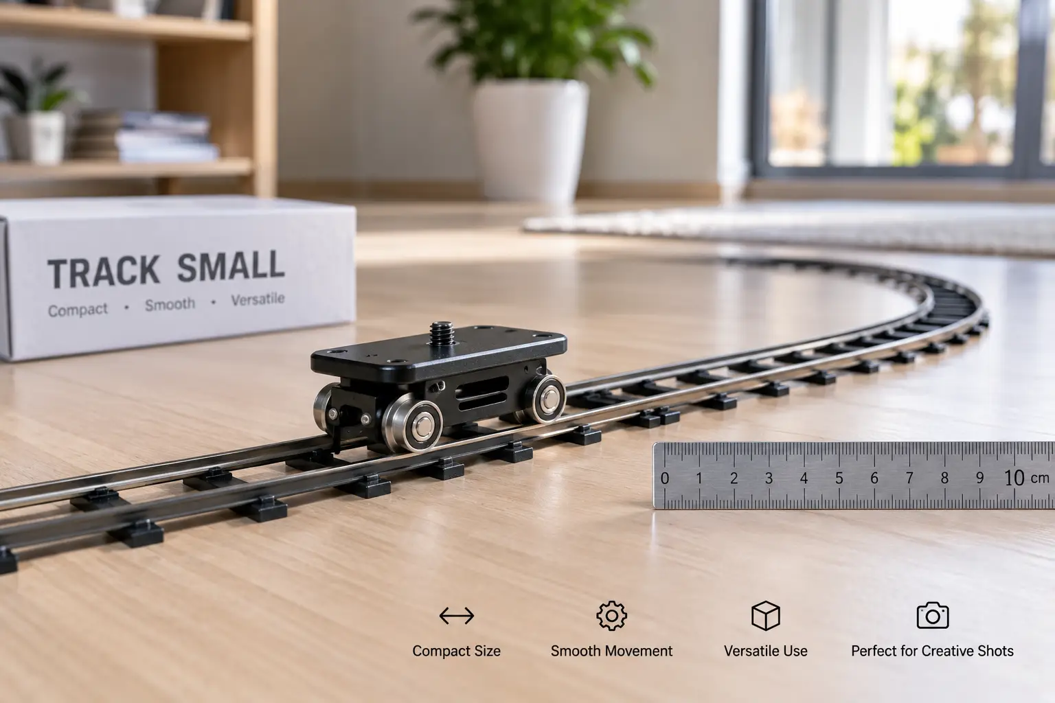 Track small compact rail system with a miniature trolley and curved track on a wooden floor