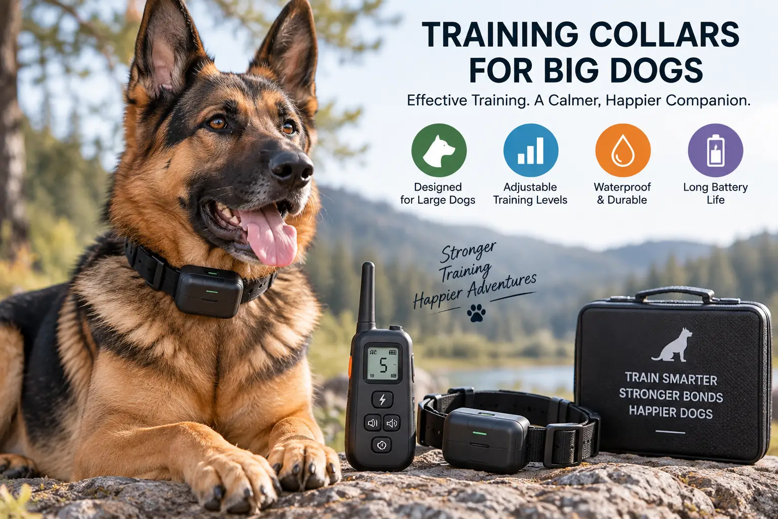 Training collars for big dogs shown on a German Shepherd with a remote training controller outdoors