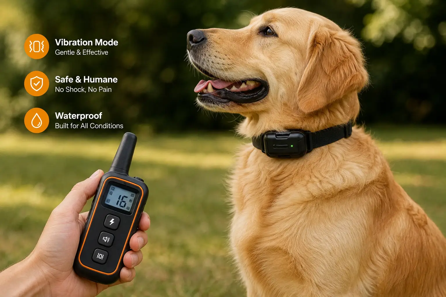 Vibration collar for training dogs worn by a golden retriever during outdoor training