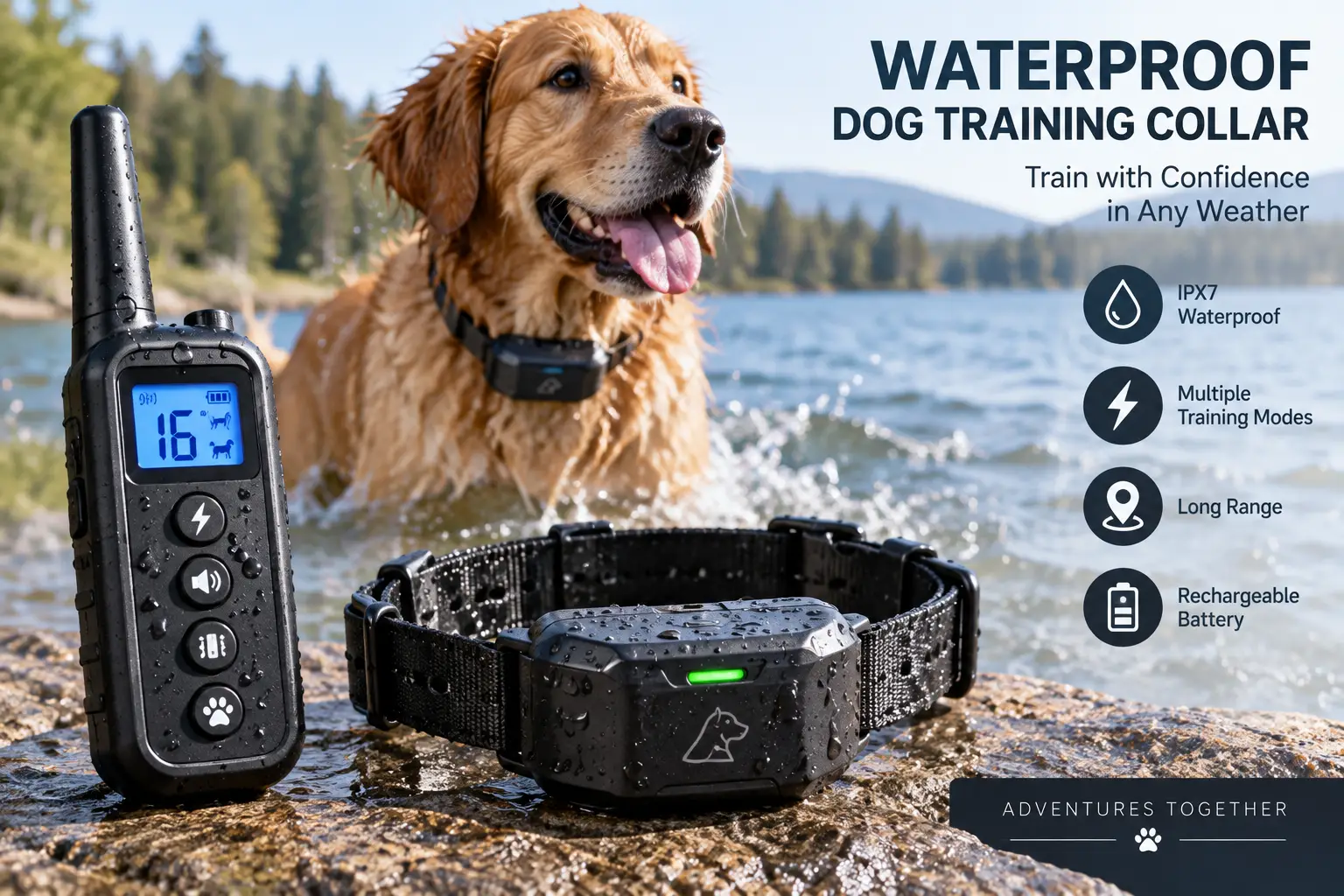 Waterproof dog training collar and remote beside a wet golden retriever at a lakeside